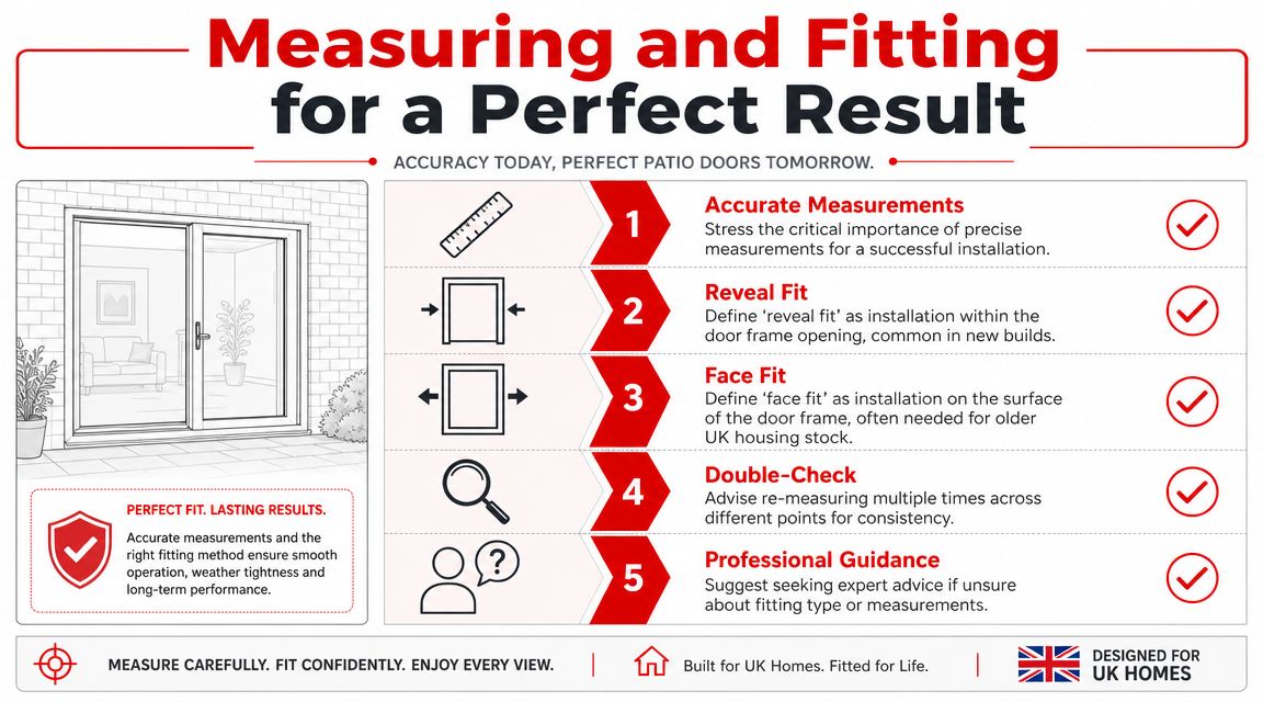 Insect Screens An infographic titled Measuring and Fitting for a Perfect Result, showing five steps for installing patio doors.