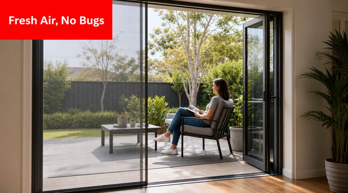 Insect Screens A woman sitting on her patio reading a book behind a closed retractable mesh fly screen.