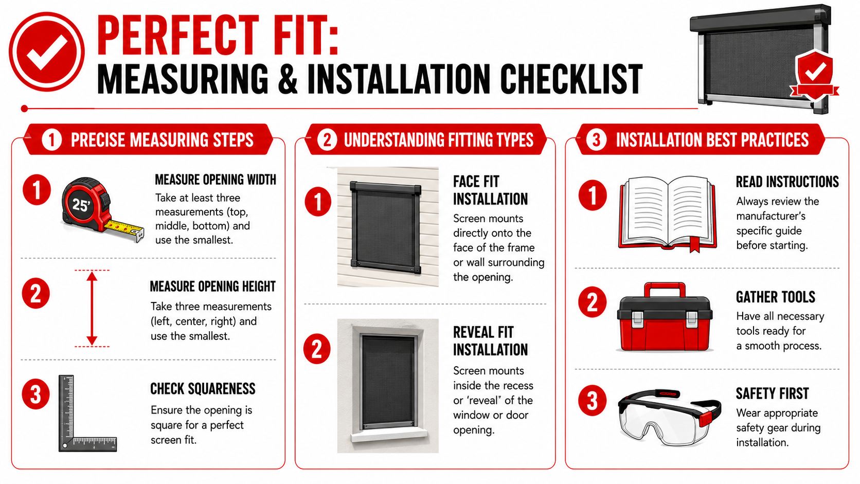 Insect Screens An infographic showing steps for measuring and installing a retractable fly screen on windows or doors.