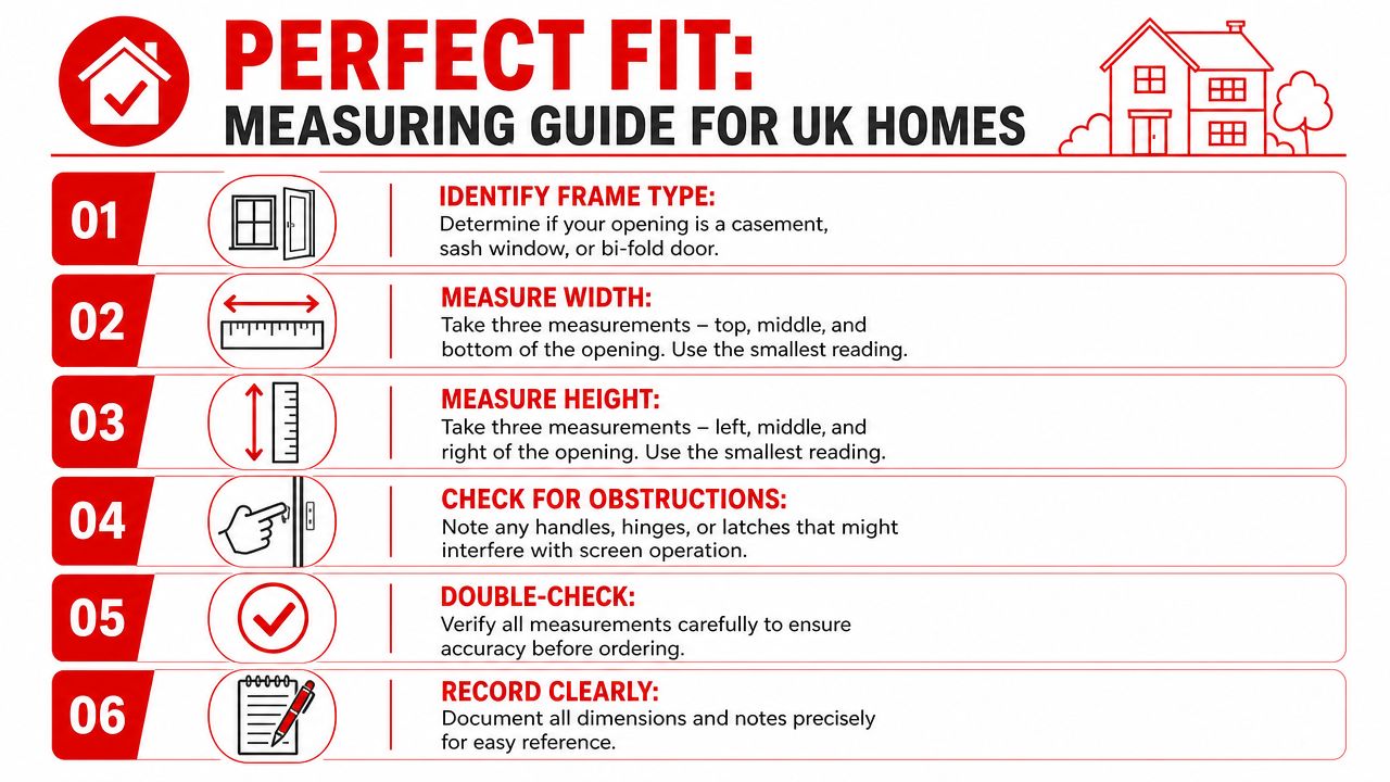 A step-by-step infographic guide for accurately measuring windows and doors in UK homes before ordering screens.