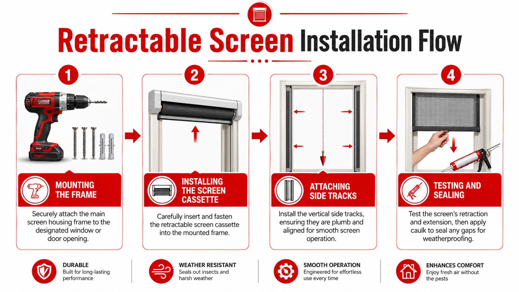 Insect Screens A four-step infographic illustrating the professional DIY installation process for a retractable insect screen.
