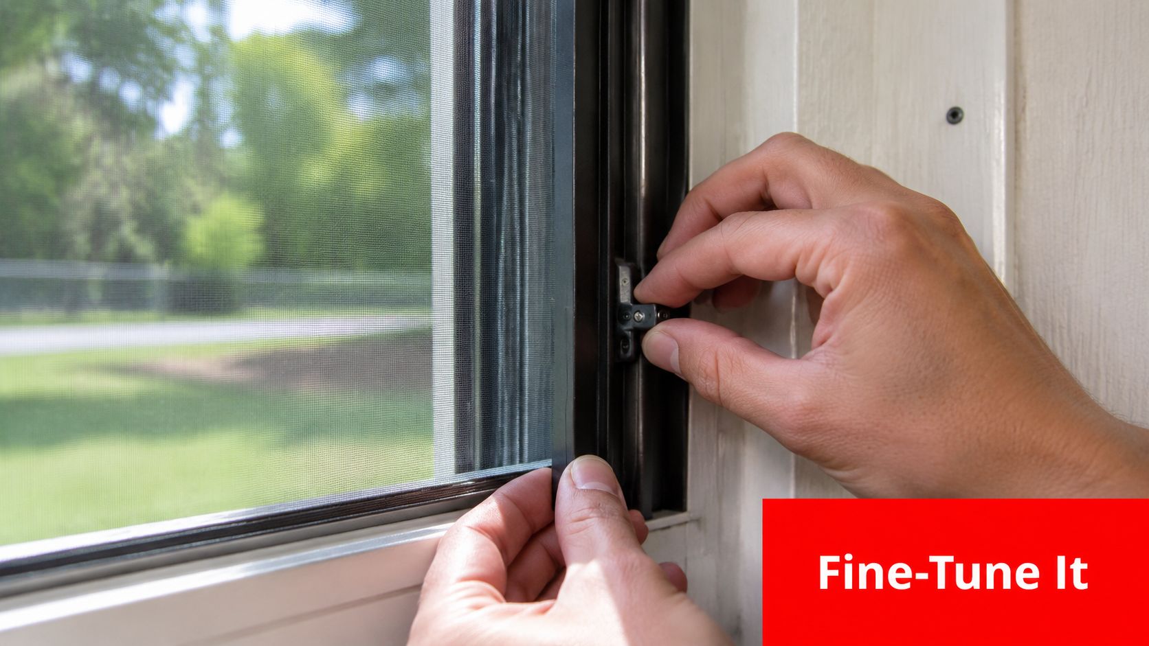 Insect Screens A pair of hands adjusting a retractable insect screen mechanism within a window frame for installation.
