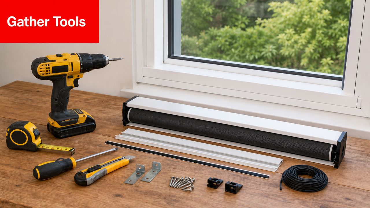 Insect Screens A DIY project setup with a cordless drill, tape measure, utility knife, and retractable insect screen components.