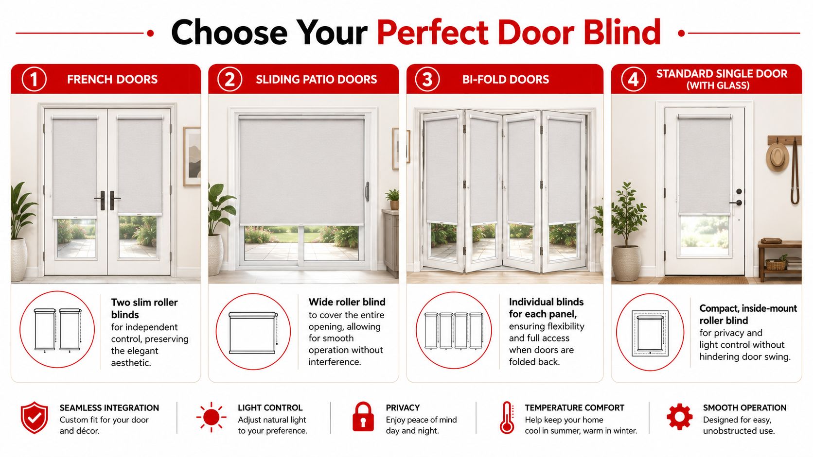 A guide showing different types of roller blinds suitable for French, sliding, bi-fold, and standard glass doors.