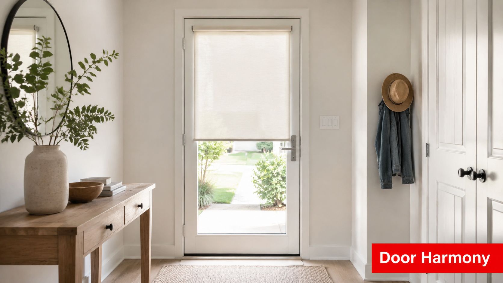 A minimalist entryway featuring a white glass door with a cream roller blind, a wooden console table, and a mirror.