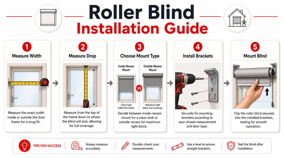 A five-step infographic showing instructions for measuring and installing a roller blind on a door.