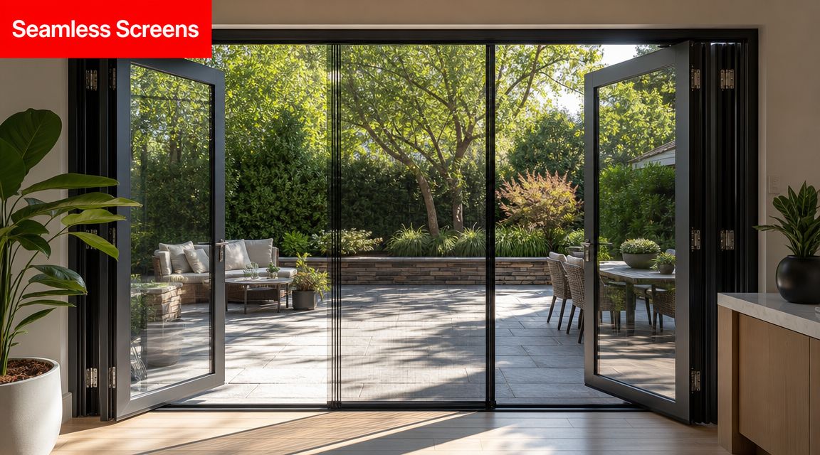A view from inside looking out through a black frame sliding patio door with integrated insect screens.