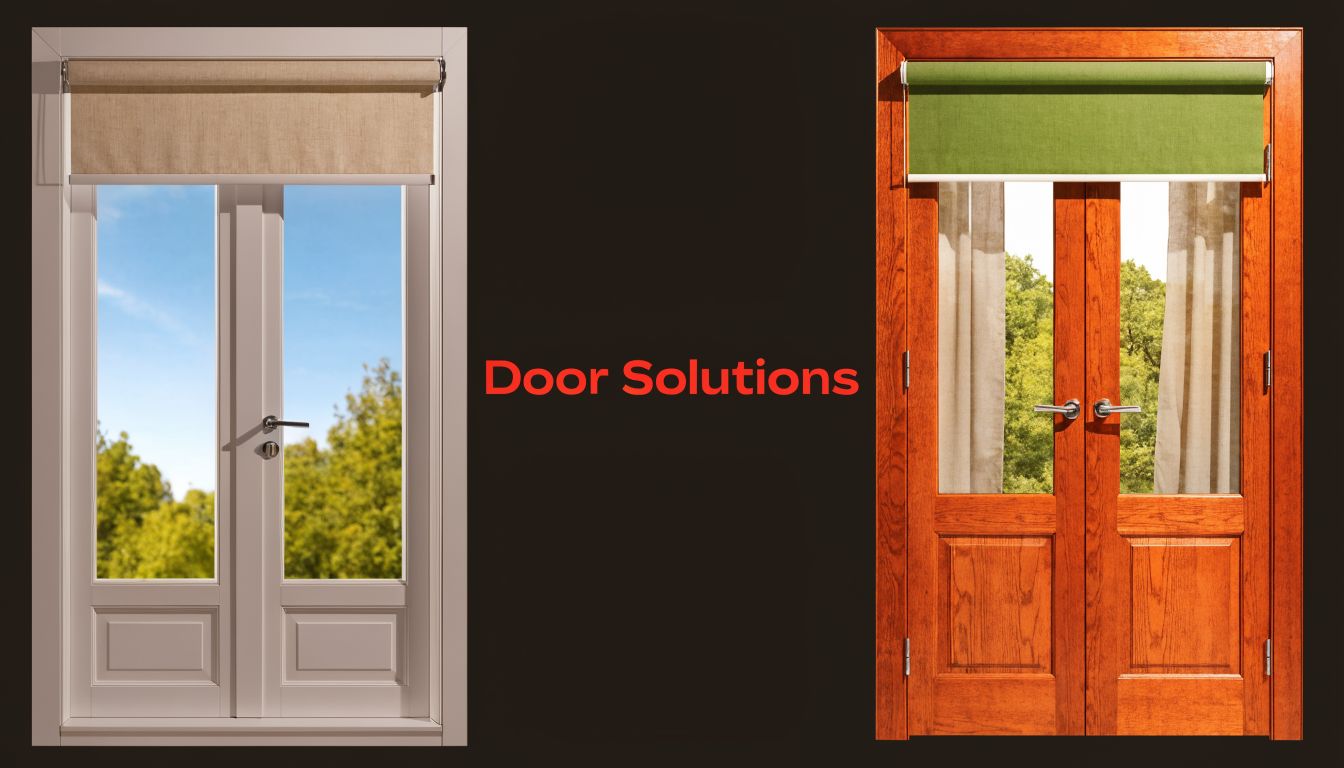 Insect Screens Two double doors with mounted roller shades, one in white and one in natural wood finish.