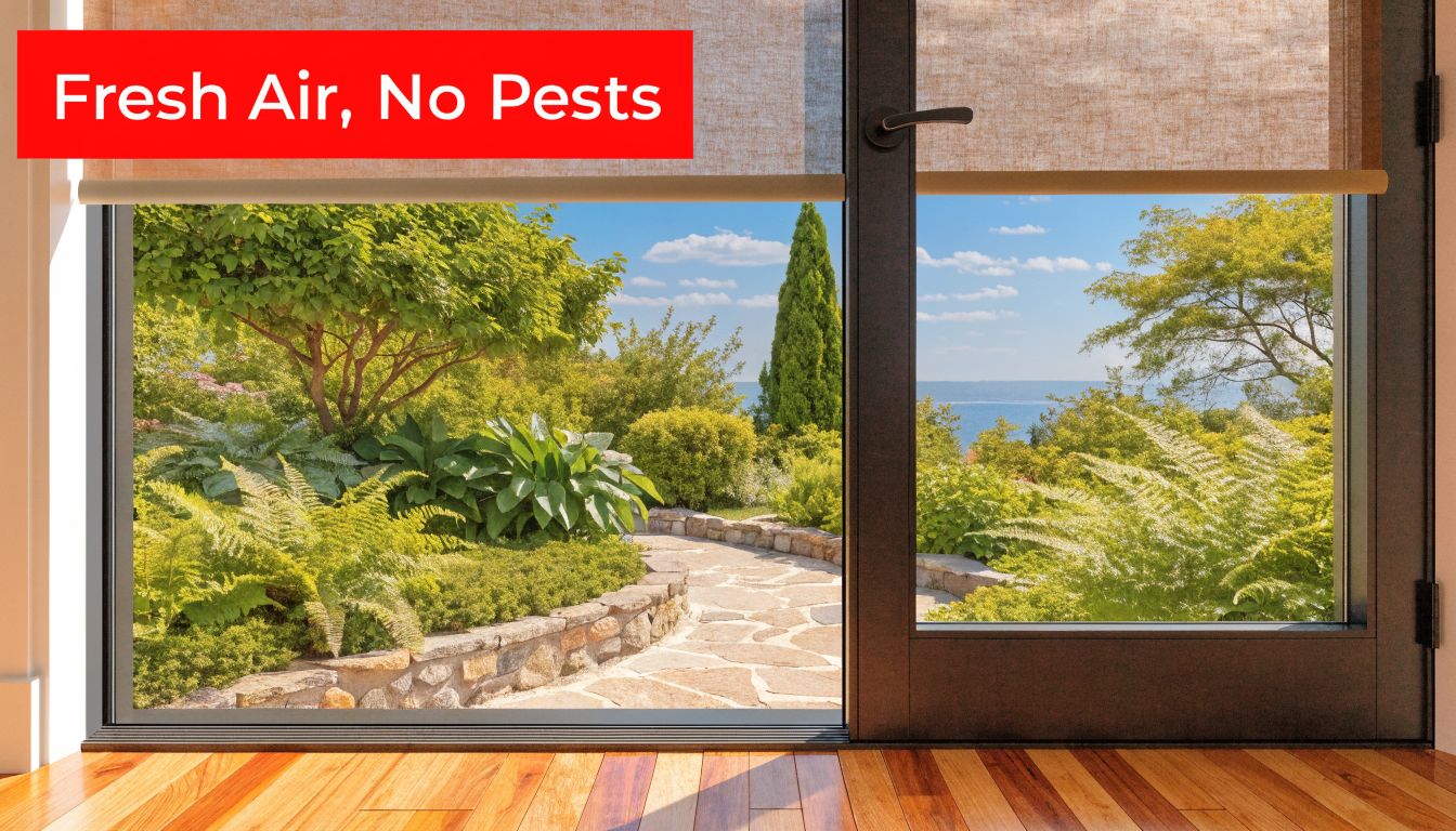 Insect Screens A modern door with retractable insect screen and roller shade, looking out at a scenic garden view.