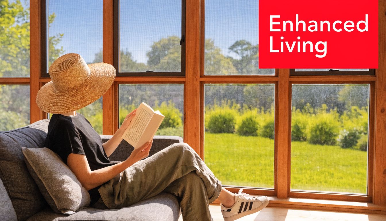 Insect Screens A person wearing a straw hat sits on a grey sofa reading a book by sunny windows.