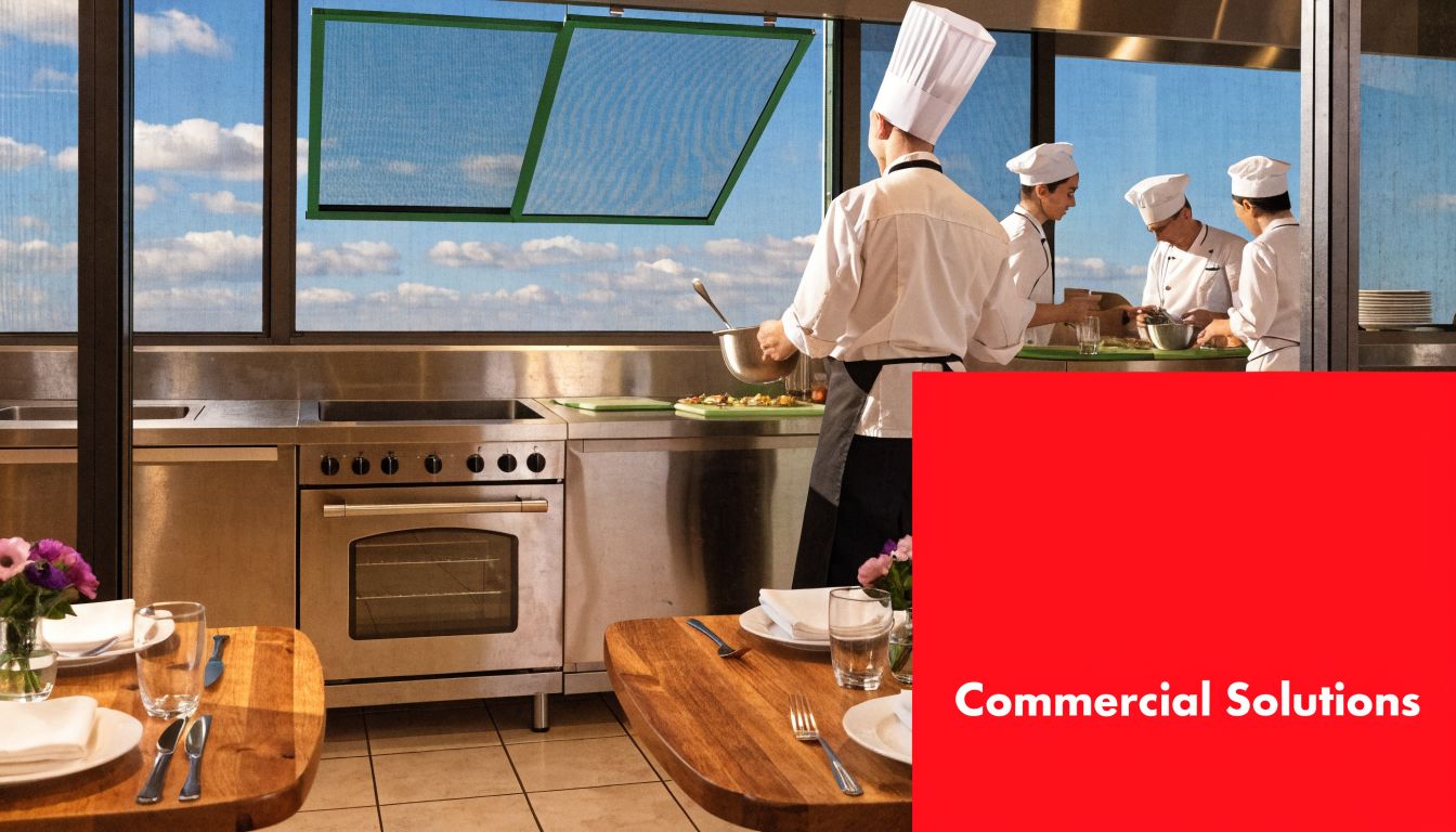 Insect Screens Chefs preparing food in a modern restaurant kitchen seen through a window with a retractable screen.