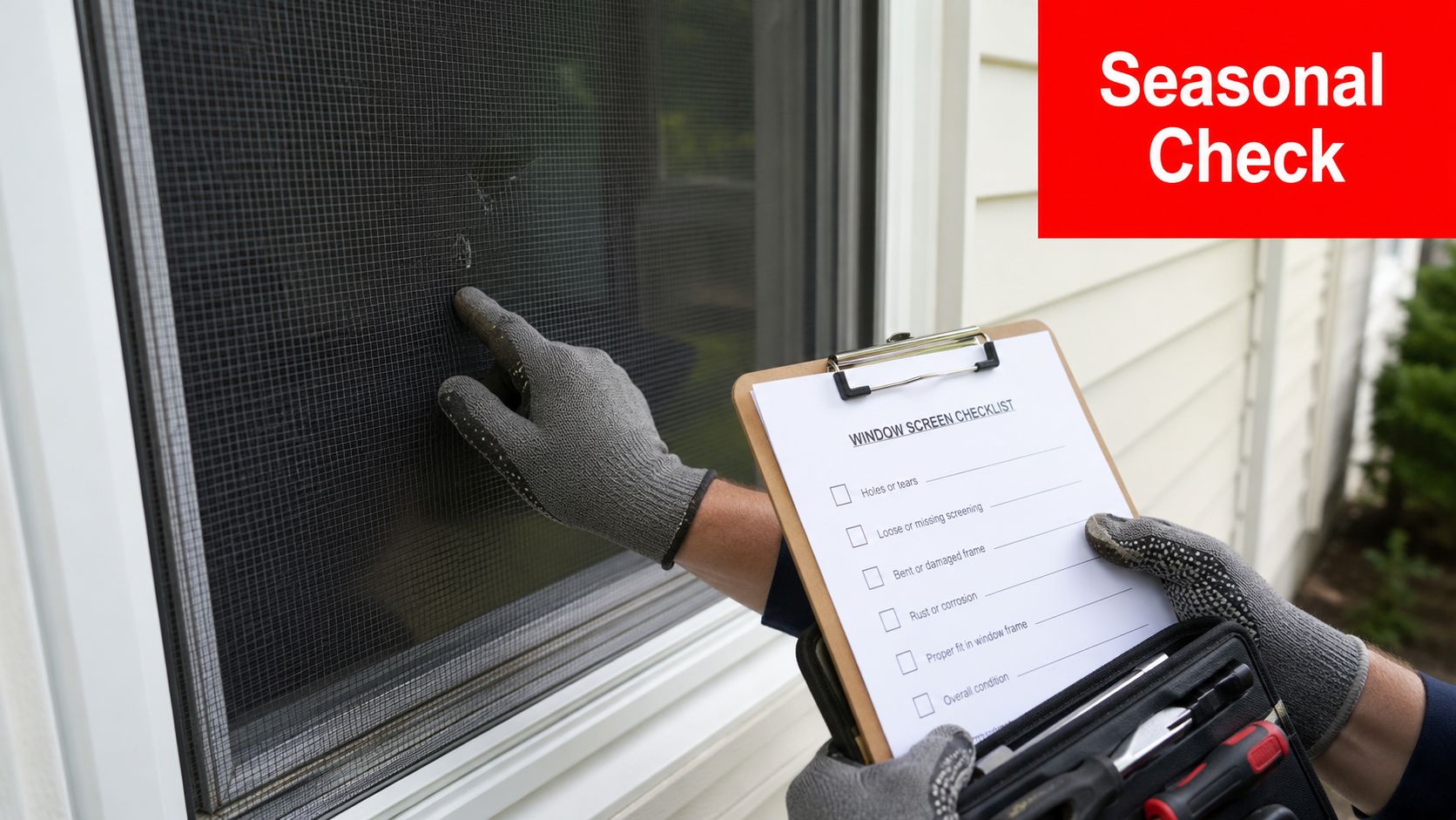 A service worker inspecting a damaged window screen with a checklist while performing seasonal home maintenance.