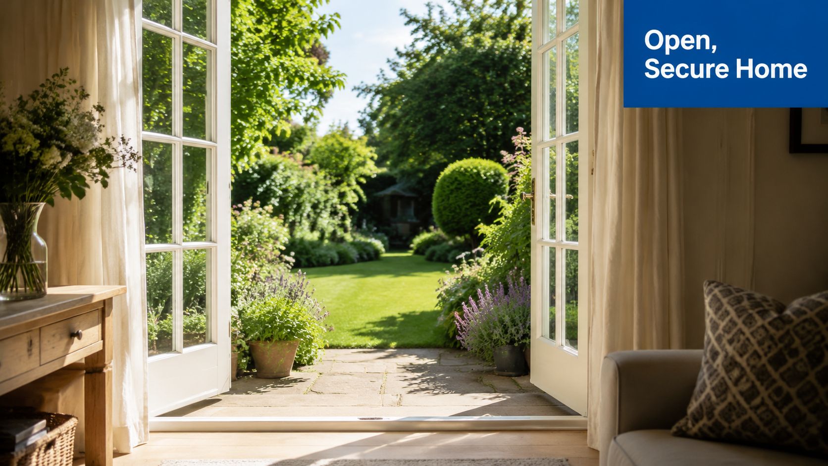 Insect Screens Open French doors leading into a lush, sunny green garden from a comfortable indoor living space.