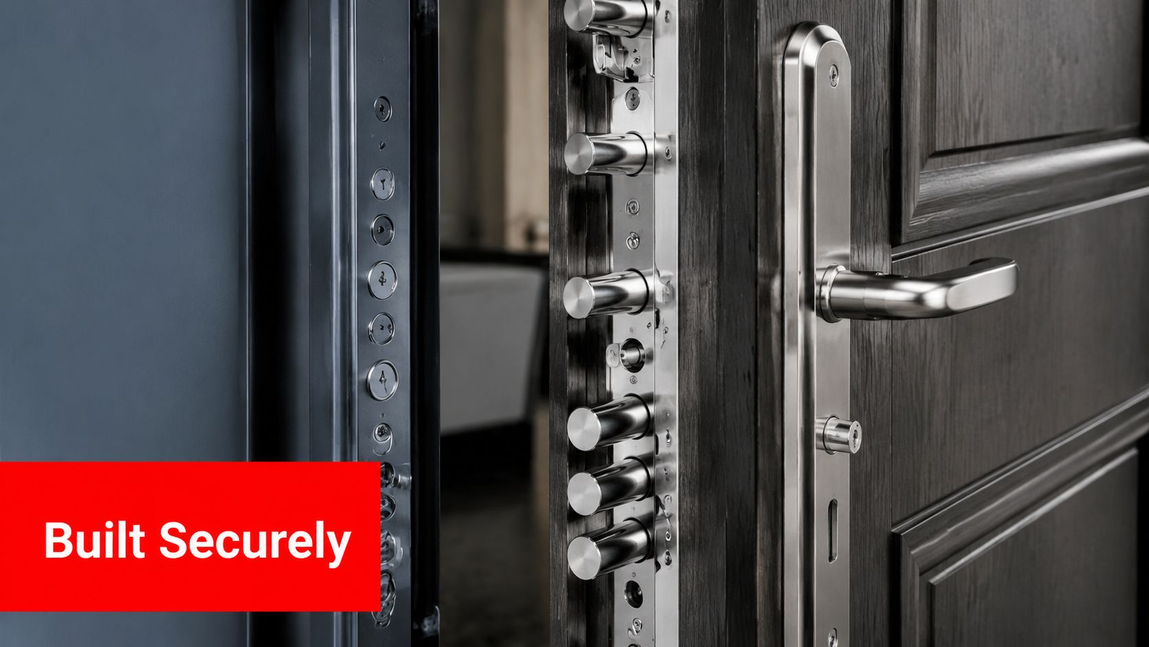 Insect Screens A close-up view of a high-security reinforced entrance door showing multiple locking bolts and metal hardware.