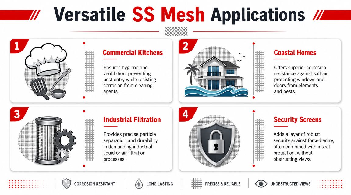 Insect Screens A descriptive infographic showing four versatile applications for stainless steel mesh including commercial kitchens, coastal homes, filtration, and security.