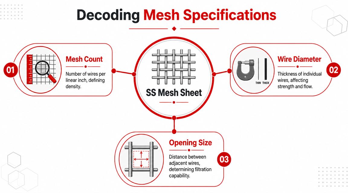 Insect Screens An infographic titled Decoding Mesh Specifications illustrating mesh count, wire diameter, and opening size for stainless steel mesh.
