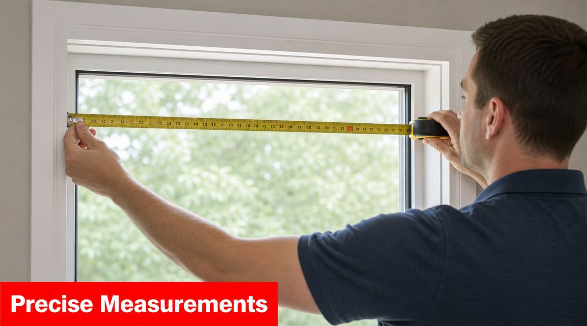 Insect Screens A professional man carefully using a yellow tape measure to record the dimensions of a window frame.
