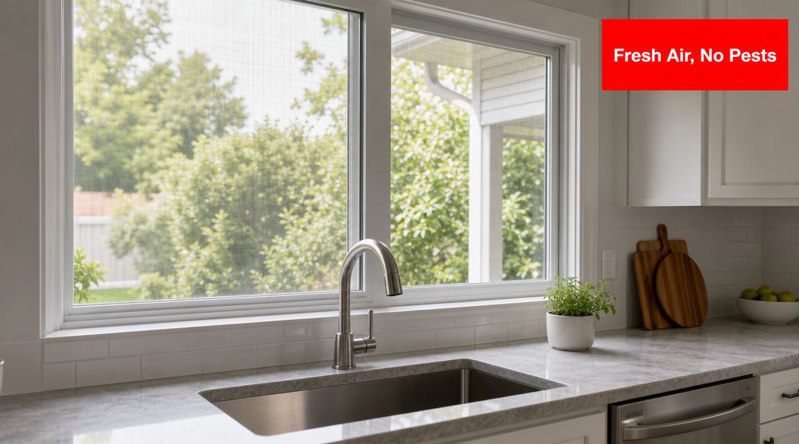 Insect Screens A bright kitchen view through a window equipped with an insect mesh screen over the sink.