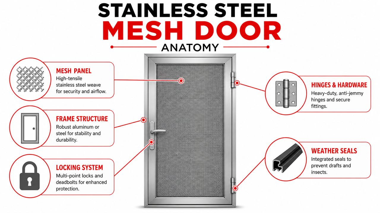 Insect Screens An educational diagram explaining the anatomy of a stainless steel mesh door with labeled security components.