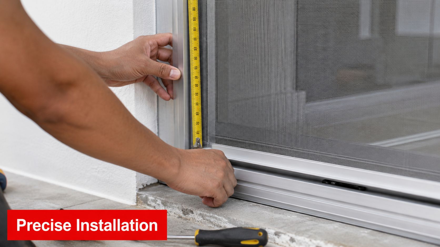 Insect Screens A professional installer carefully measuring the frame of a stainless steel mesh screen door installation.