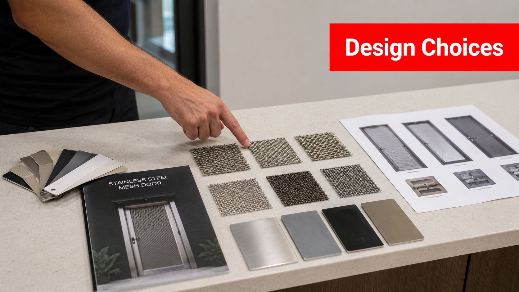 Insect Screens A person selecting stainless steel mesh door samples from a variety of metal finishes and door design brochures.