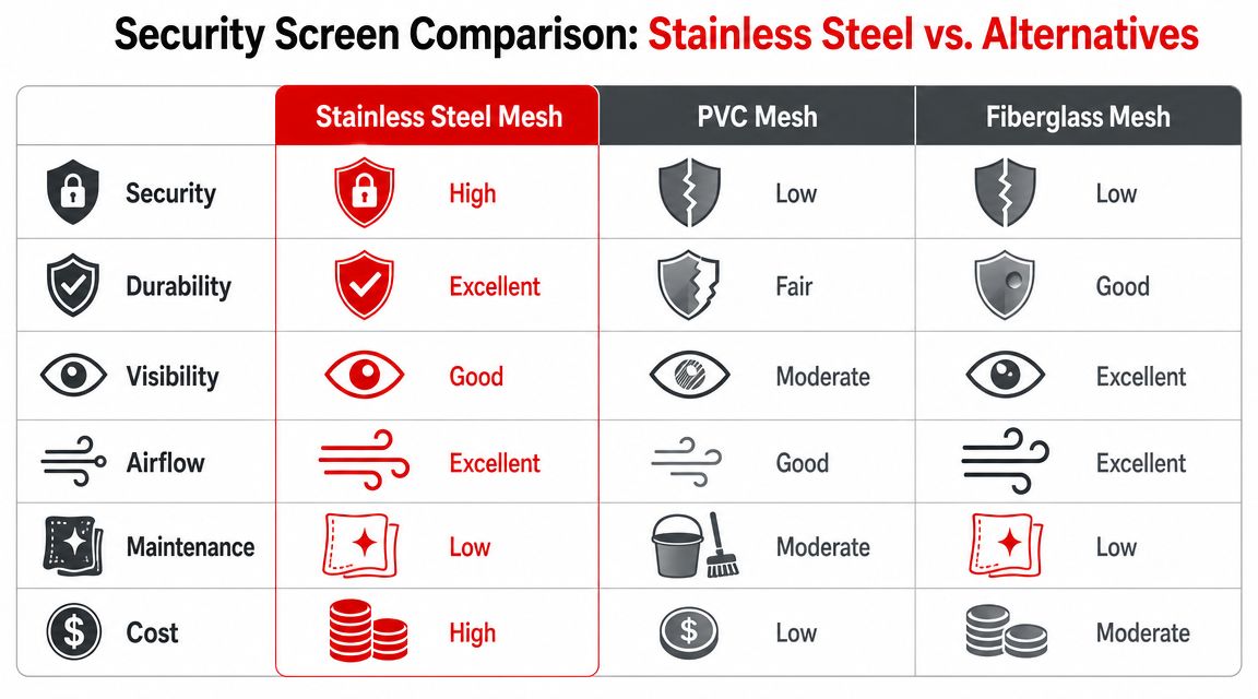 Insect Screens A comparison table showcasing the pros and cons of stainless steel, PVC, and fiberglass security screen meshes.