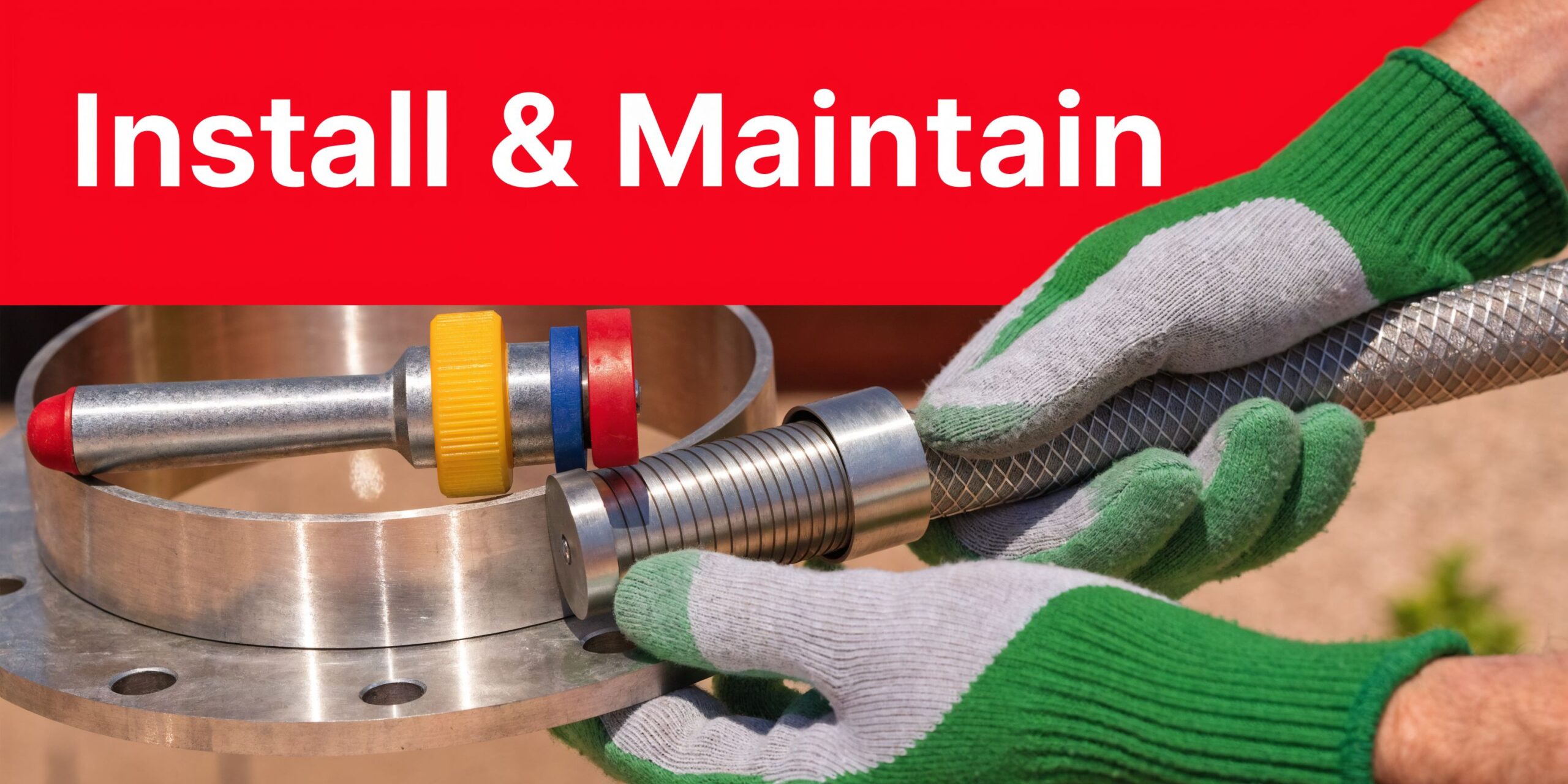 Insect Screens A gloved worker holding a stainless steel mesh hose with industrial fittings near a metal flange.
