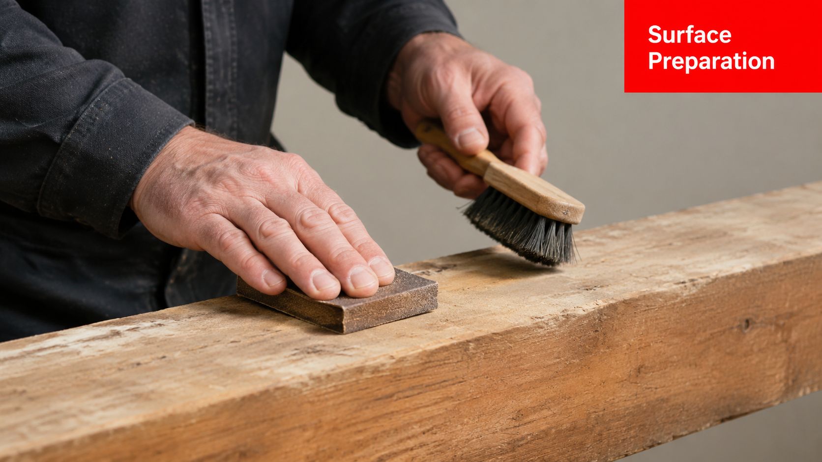 A close up view of a person sanding a rough wooden beam with a sanding block.