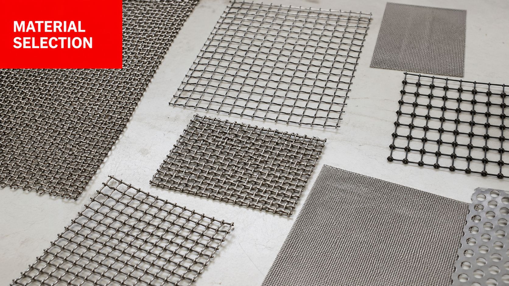 Insect Screens An array of various metallic industrial screen, wire mesh, and perforated plate samples on a table.