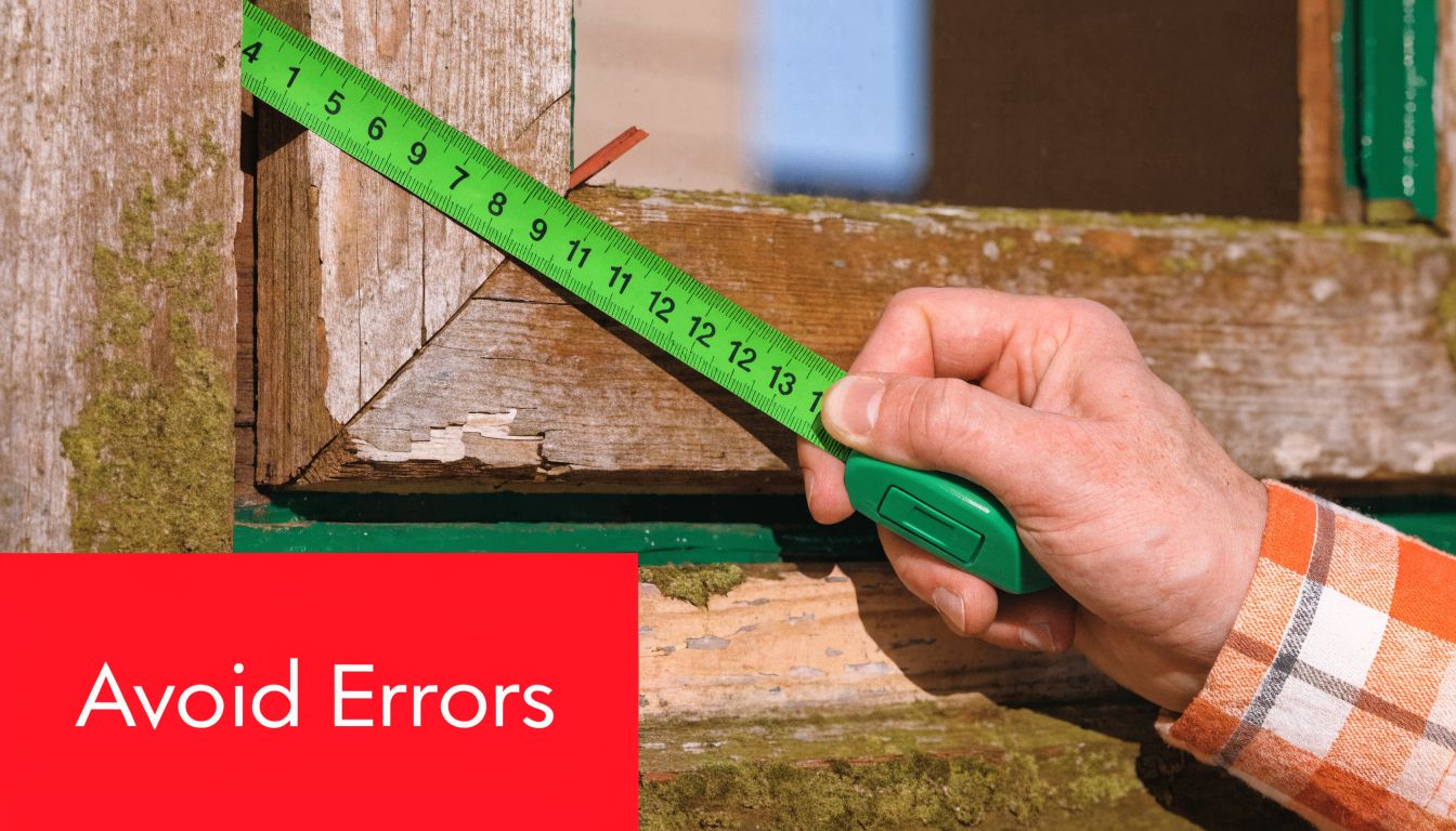 Insect Screens A construction worker measures a wooden window frame with a green tape measure to prevent errors.