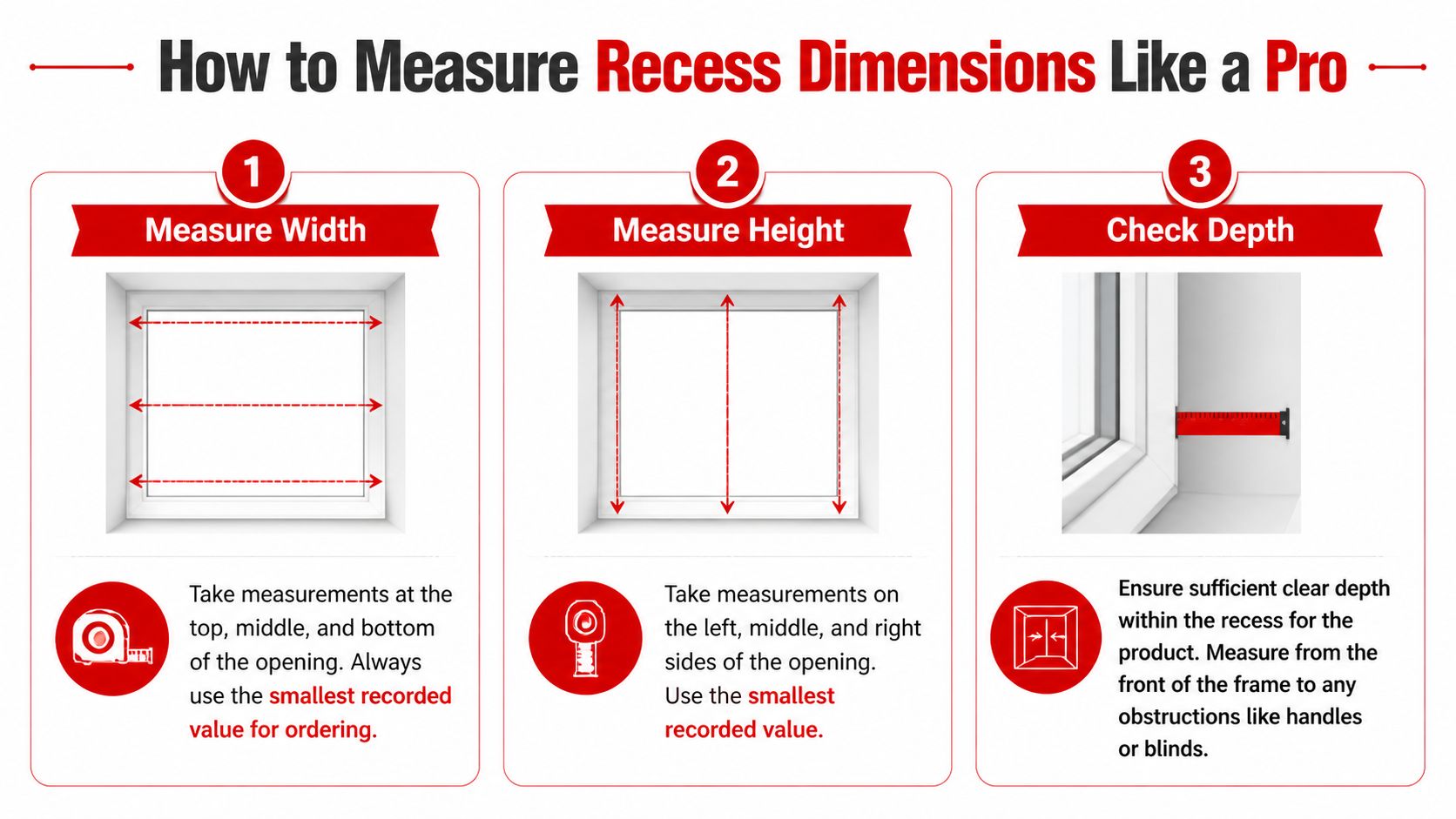 Insect Screens An infographic showing three steps to measure window recess dimensions accurately for blind or curtain installations.