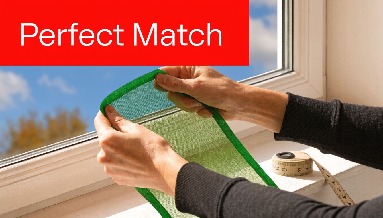 Insect Screens A person carefully measures a window frame with a fabric sheet and a tape measure for accuracy.