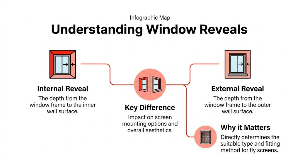 Insect Screens An infographic explaining the difference between internal and external window reveals for fitting fly screens.