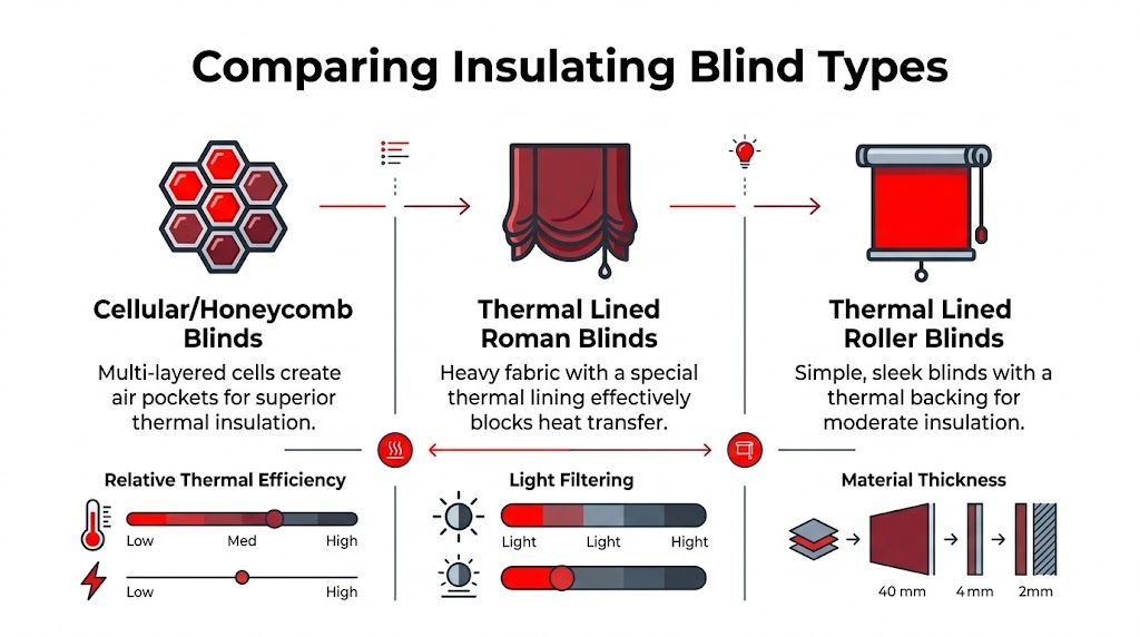 Insect Screens An infographic comparing three types of insulating window blinds: cellular honeycomb, thermal lined roman, and thermal roller.