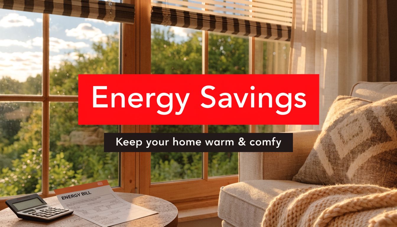 Insect Screens A cozy living room featuring window blinds, an energy bill, and a calculator on a table.