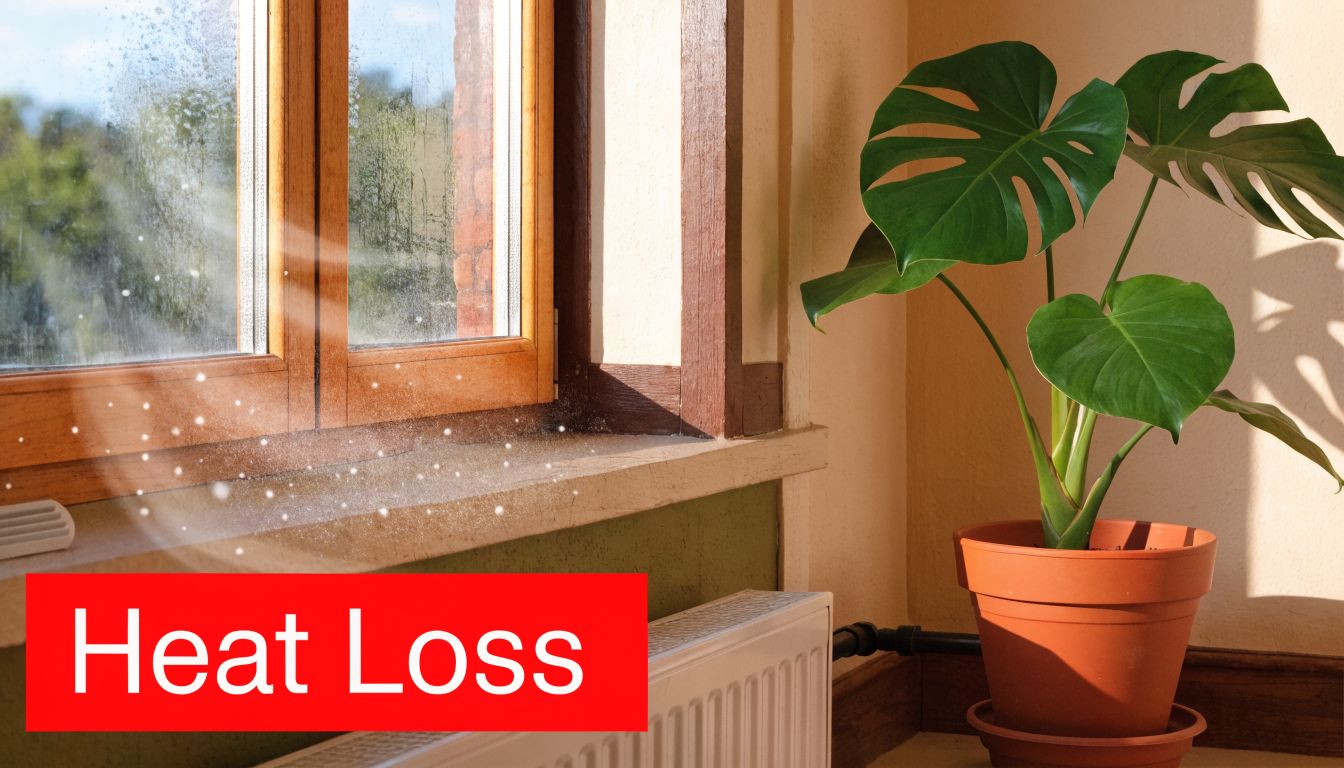 Insect Screens A houseplant sits next to a radiator below a window, illustrating common indoor home heat loss.