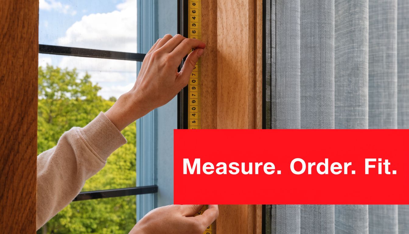 Insect Screens A close-up view of hands using a yellow tape measure to size a wooden window frame.