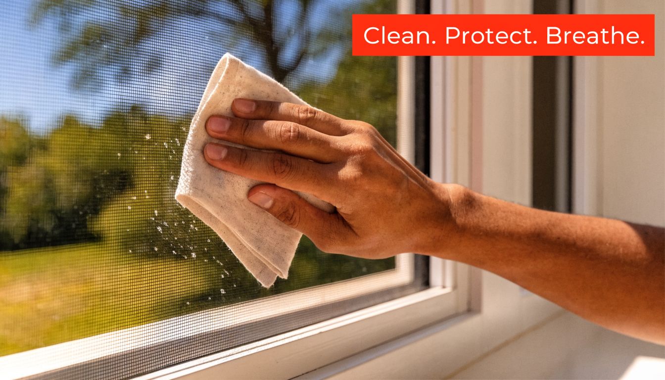 Insect Screens A close-up view of a person wiping a window screen with a cleaning cloth.