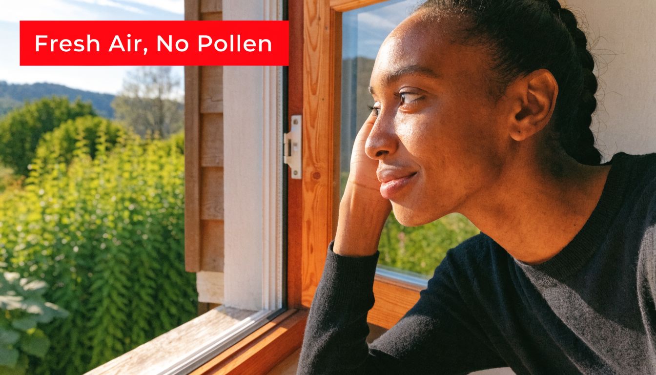 Insect Screens A happy young woman looks out of a window with pollen-free screens at a sunny green garden.